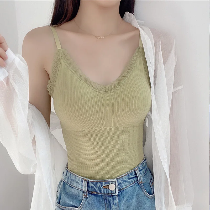 

Summer Y2K Lace Crop Tops Women Seamless V-neck Knitted Striped Camisole With Paded Bras Korean Fashion Solid Color Tank Tops
