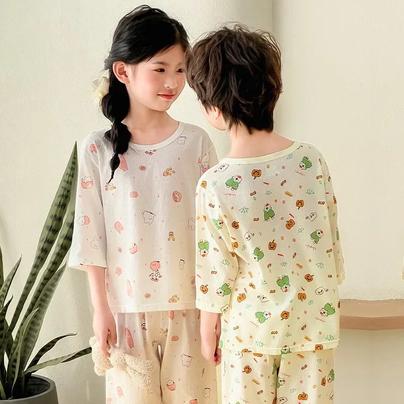 طقم بيجامات صيفي للأطفال من القطن بنصف كم وسراويل ناعمة قابلة للتنفس ملابس نوم للأطفال على شكل الدب الكرتوني ملابس غرفة التيار المتردد ملابس للأولاد والبنات