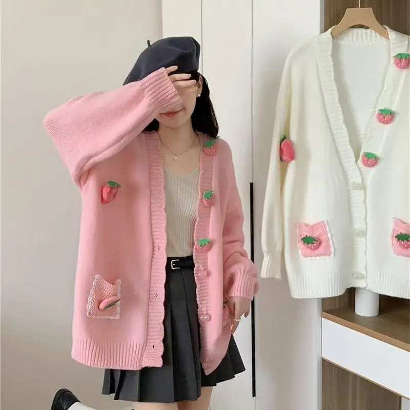 3D Pink Strawberry Cute Sweet V Neck Long Sleeve Knitted Cardigan Sweater Women Korean Casual Jacket Female Coats Autumn Winter 5