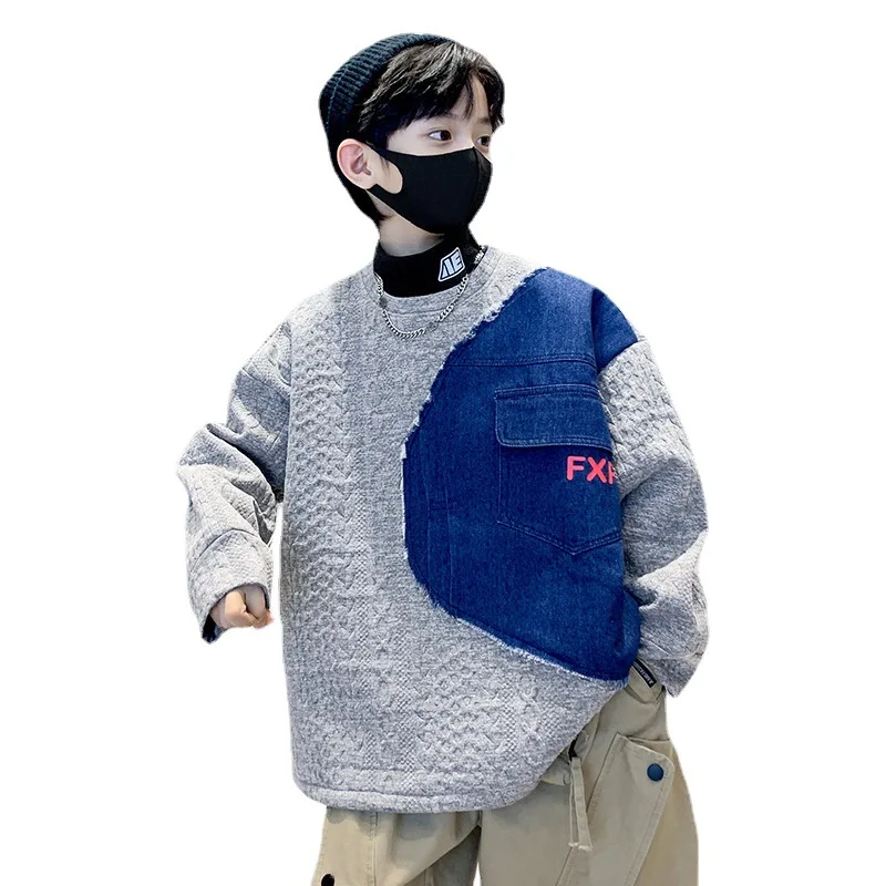 

Fashion Clothes for Boys Autumn Winter New Fleece Sweatshirt Teenager Casual Streetwear Top Thick Warm Patchwork Pullover 4-14 Y