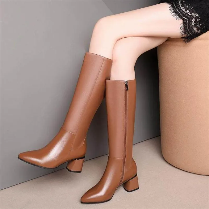 Women Long Winter Knee High Shaft Leather Boots Fur Brown Pointed Toe Chic and Elegant Fashion Shoes women knee boots