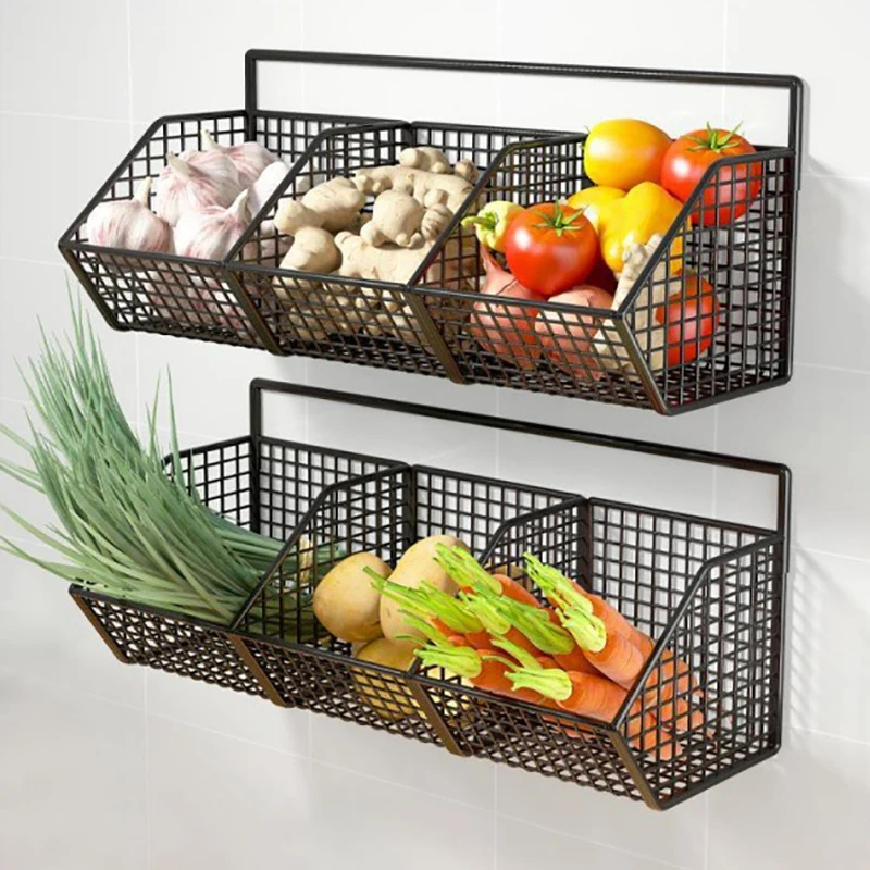 Wall Mounted Storage Rack - Multi Compartment Kitchen Shelf for Onion, Ginger & Garlic Organizer