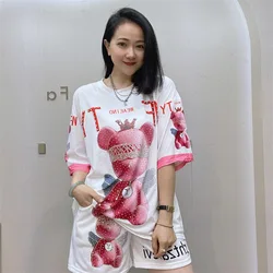 2024 Spring Two Piece Sets for Women Bear Diamonds Tracksuit Cartoon Printed Casual Knitting Tops and Shorts Conjunto Feminino