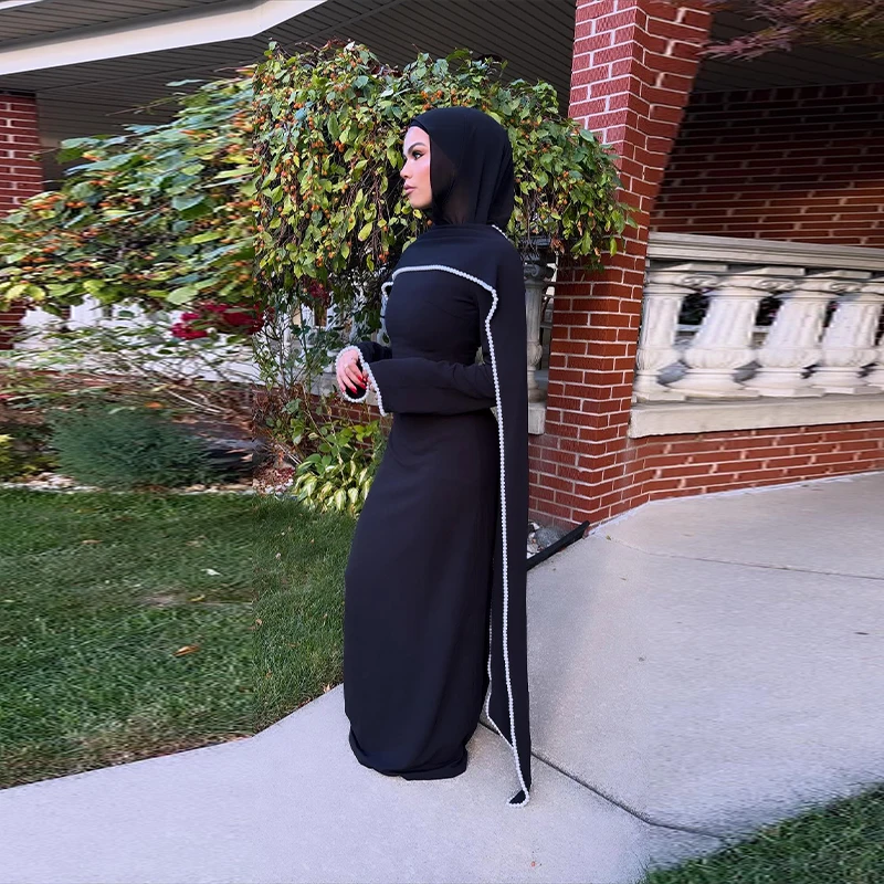 Pearl-Trim Cape Maxi Dress with Cinched Waist and Long Sleeves for Formal Occasions — photo 2