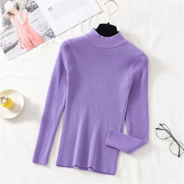 ZOKI-suéter de punto de Cuello medio alto para mujer, jersey de manga larga, blusa elástica suave negra, moda de otoño e invierno - Imagen 4