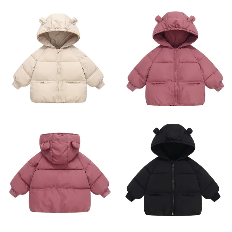 2-6 Years Kids Bear Ear Hooded Puffer Jacket Solid Color Children's Warm Winter Coat