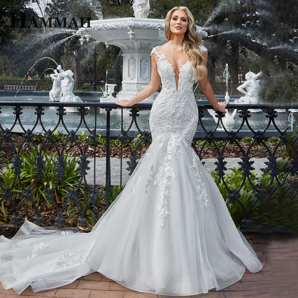 HAMMAH Illusion Mermaid Dresses Wedding Gown for Women Beading Tassel Lace Appliques Sleeveless Vestidos De Novia Drop Shipping