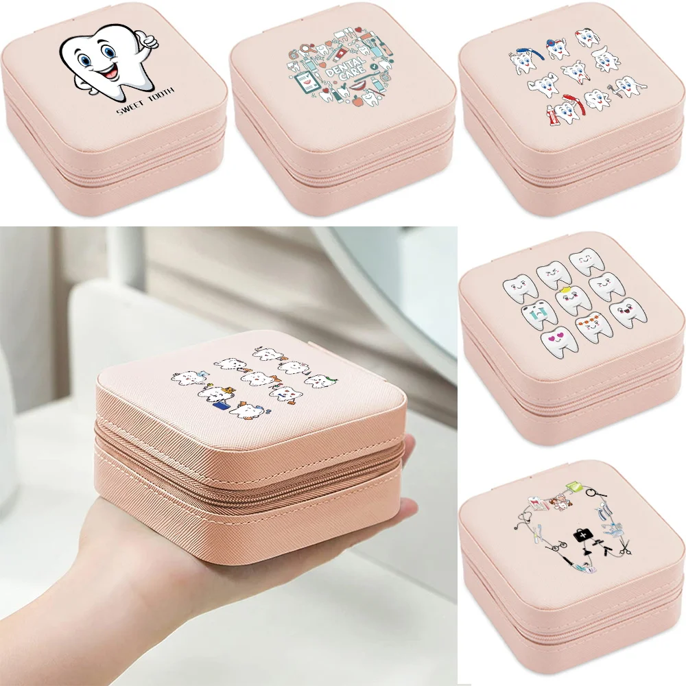 

2023 Travel Jewelry Box Zipper Double Storage Bag Ring Earrings Organization Teeth Pattern Printed Large Flap Leather Double Box