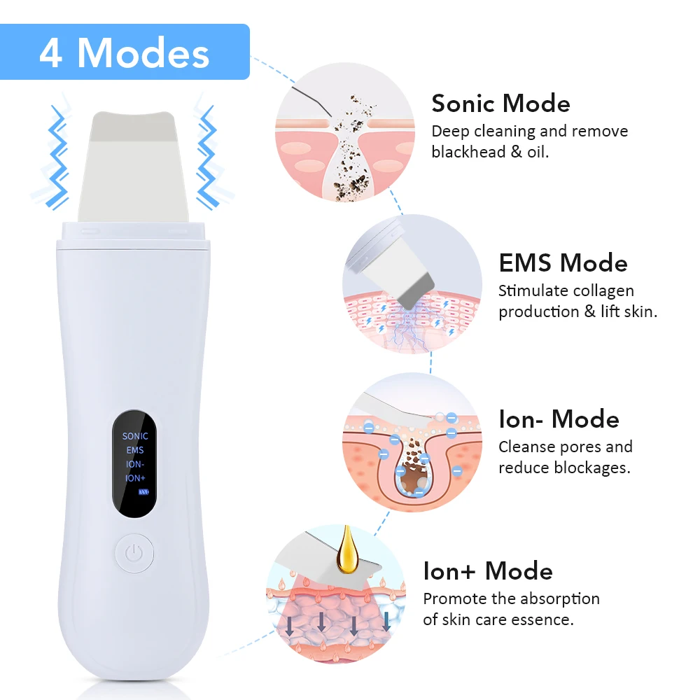 LED Ultrasonic Skin Scrubber Skin Lifting Tightening EMS Spatula Ion Deep Facial Pore Cleansing Machine Blackhead Remover