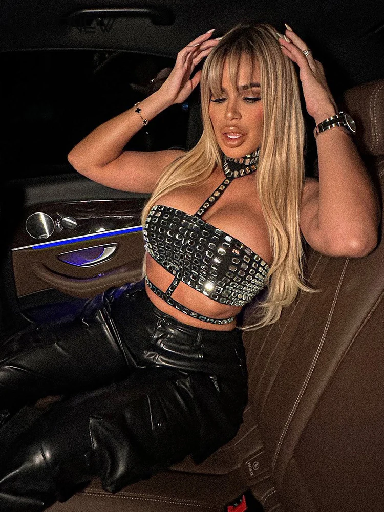 Women Sexy Off-Shoulder Shiny Crop Top Casual Strapless Halter Streetwear Fashion Club Party Lady Tank Top Summer