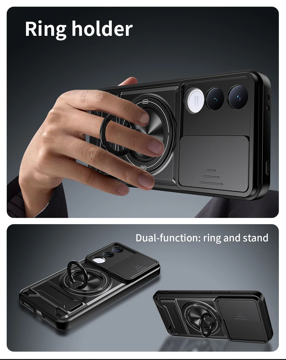 Rugged Shockproof Phone Case with Sliding Camera Cover and Magnetic Ring Kickstand