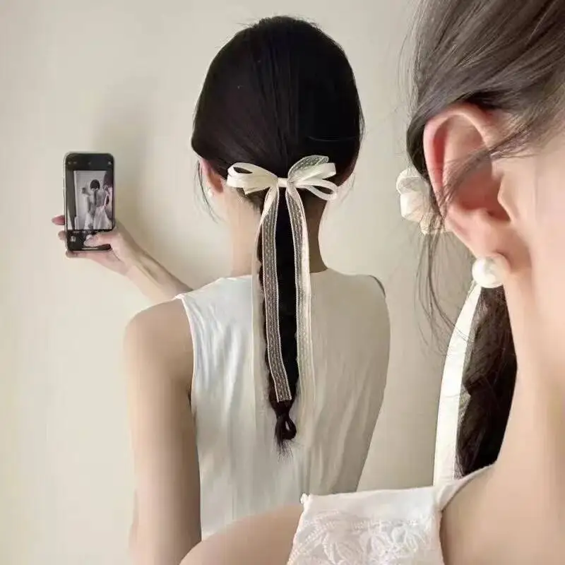 Koreanische Spitzen-Haarspange mit Schleife, trendige lange Haarspange mit Band, Haarband für Frauen und Mädchen, geflochtene Hochzeits-Haaraccessoires – Detail 14
