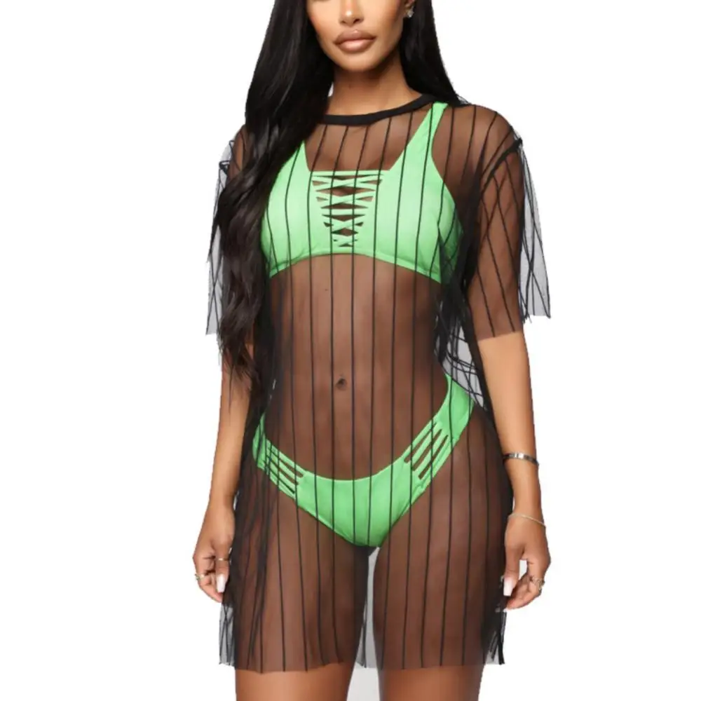 Sexy 2022 New Women Swimwear Bikinis Set See Through Short Sleeve Cover-up Sunscreen Beach Bikini Cover Dress bathing suits with matching cover ups Cover-Ups