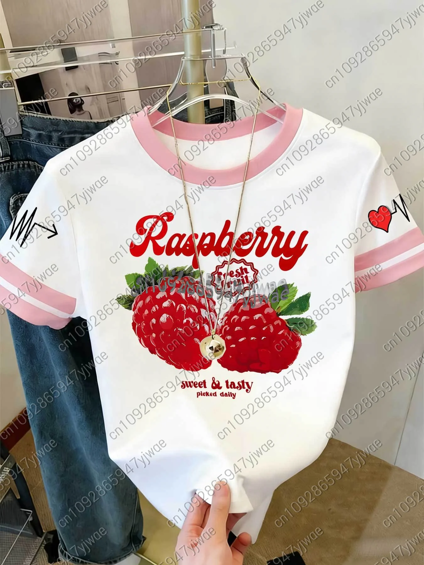 2026 Womens Short Sleeve Color-Block Fresh Raspberry Print Y2k T Shirt Girl Round Neck Tee Outdoor Sports Adult Women's T-Shirt 3