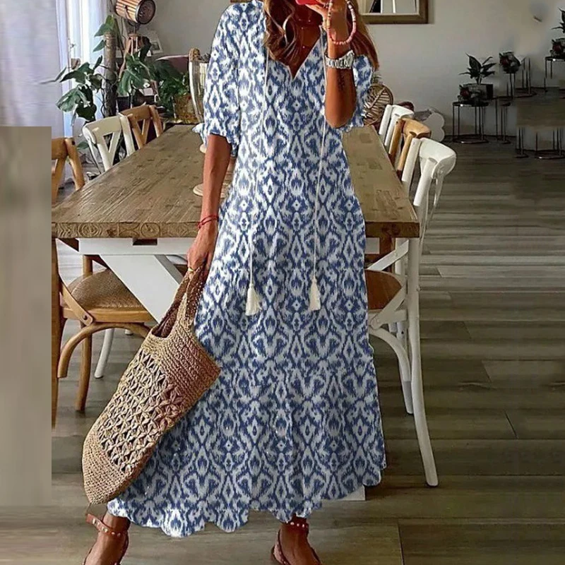 

Women Vintage Print Bohe Dress 2023 Summer Fashion Drawstring V Neck Half Sleeve Long Dress Female Casual Beach Dresses Vestidos