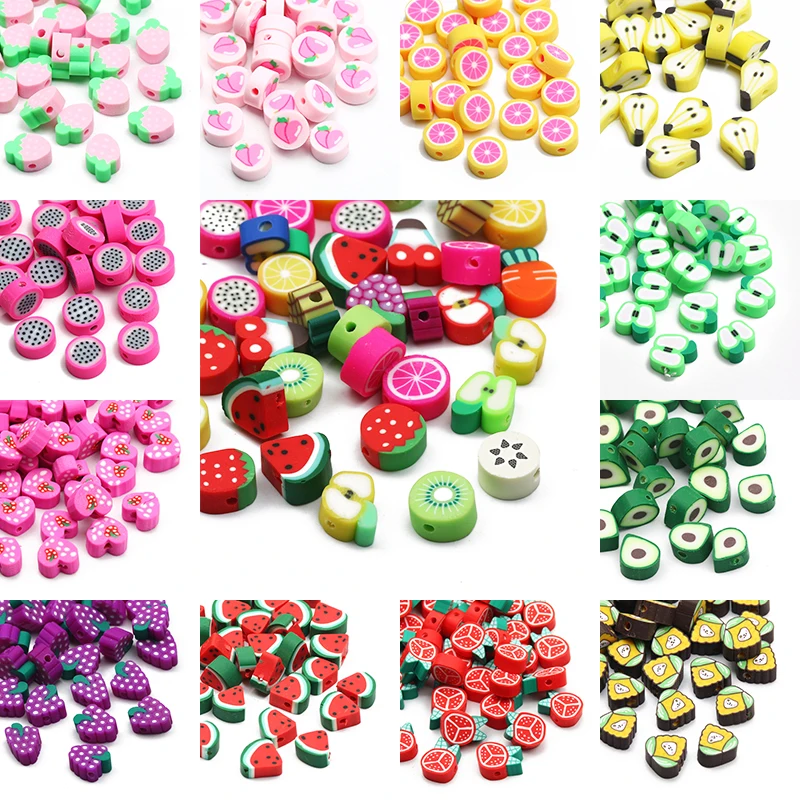 Cartoon Fruits Clay Beads Peach Grape Corn Orange Pear Strawberry Apple Pattern Polymer For DIY Jewelry Making Handmade Supplies