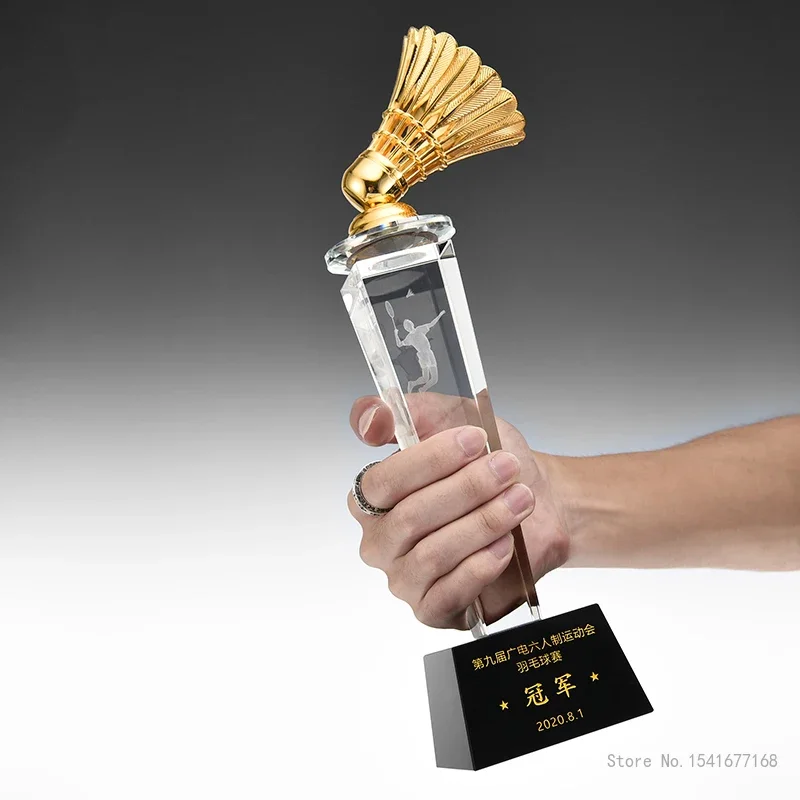 Customized Crystal Trophy for Sports Competition Creative Metal, Gold, Silver, Copper Badminton, High-end Award, Home Decor, 1Pc