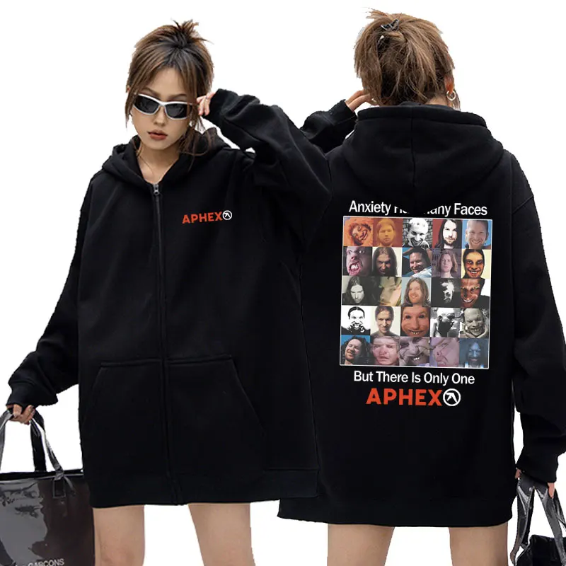 Britain Electronic Music Aphex Twin Anxiety Has Many Faces But There Is Only One APHEX Zipper Hoodie Men Vintage Zip Up Jacket