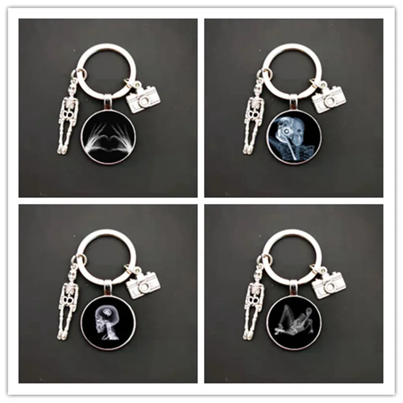 

Fashion Creative Vintage Skeleton Pendant Key Chain X-ray Film Glass Convex Round Key Ring Cute Key Chain Handmade DIY Bag Charm