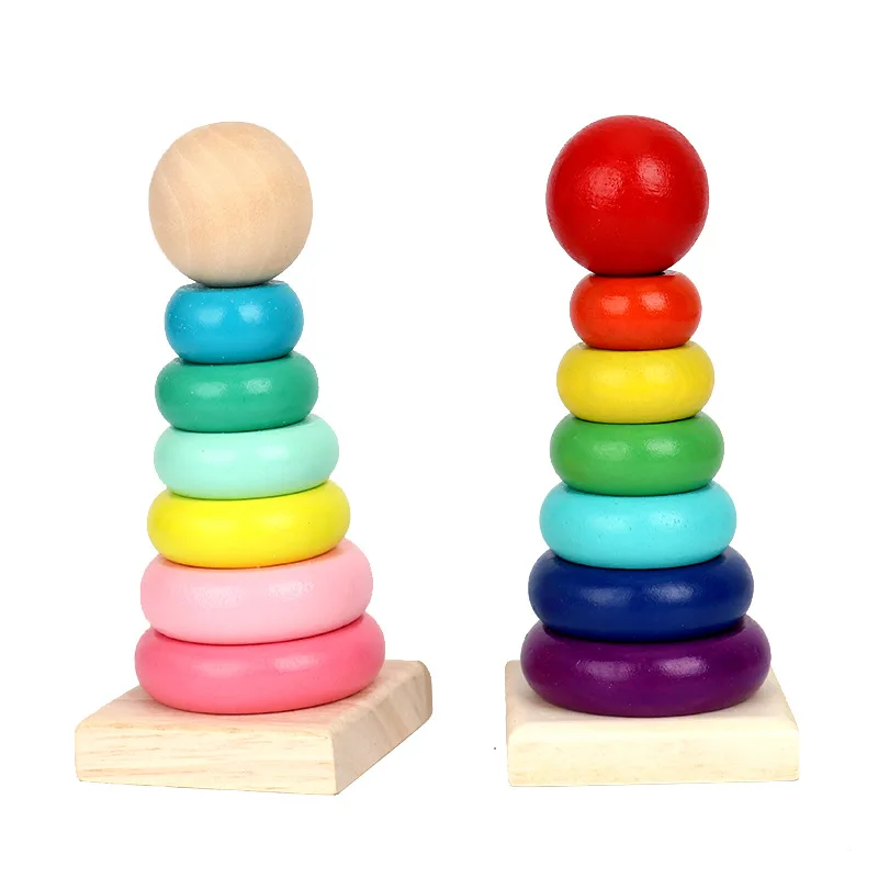 

Baby Colorful Tower Column Geometric Shapes Early Education Game Toy Kids Cognition Rainbow Wooden Stacking Column Ring Puzzle