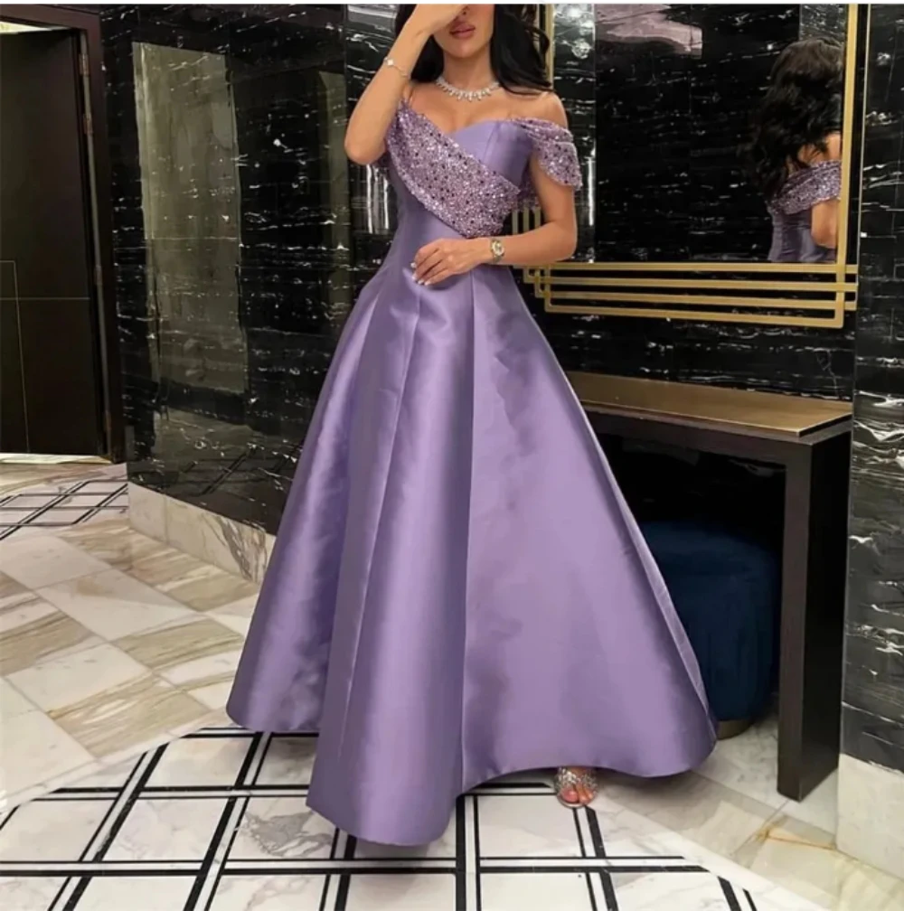 

2024 Satin Off-Shoulder Evening Dresses Long Luxury Celebrity A-Line Sequins Ankle-Length Custom Made vestidos de fiesta