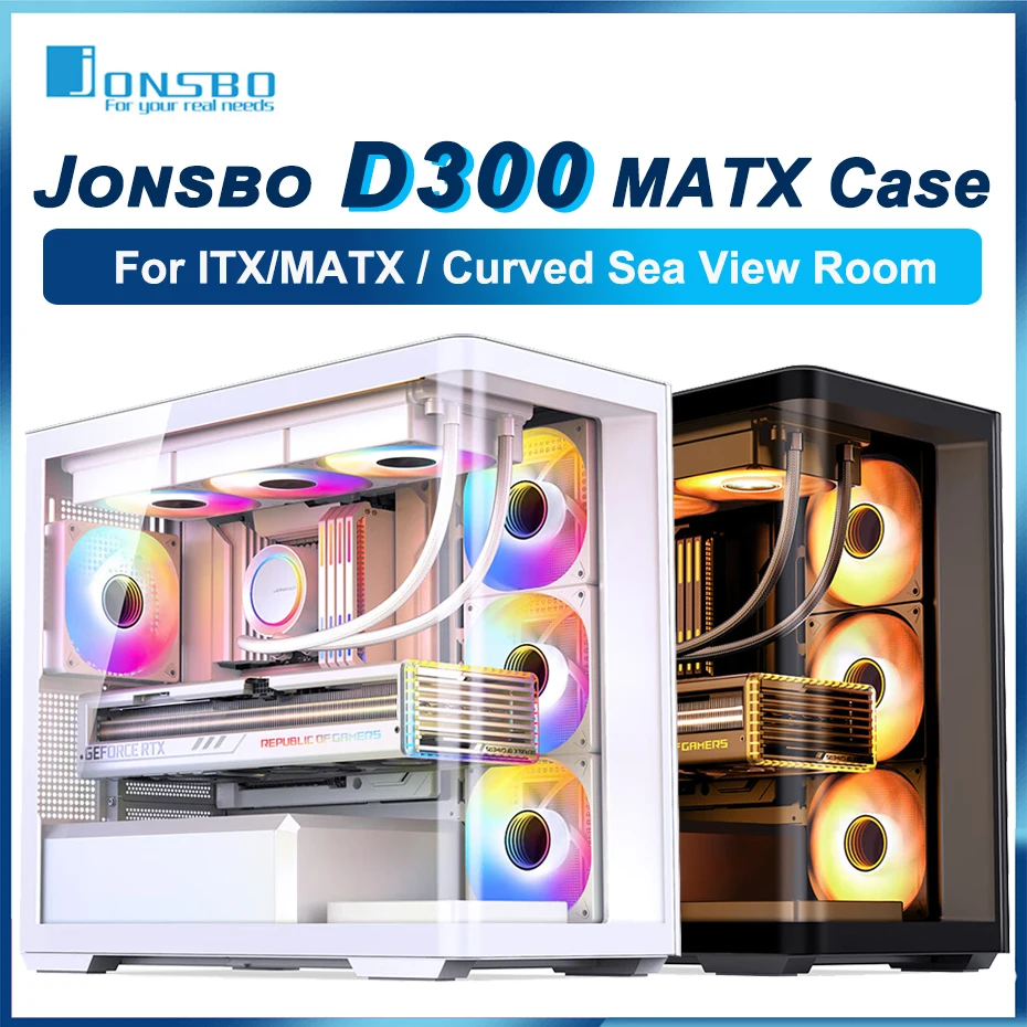 Jonsbo D300 Matx Case Tempering Glass Curved Sea View Room Per 360 Water Cooler Atx Power Supply Desktop Pc Game Chassis