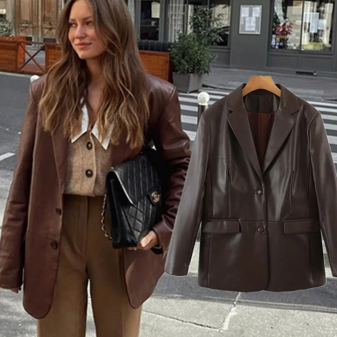 

Elmsk 2023 Ins Blogger High Street Vintage Boyfriend Notched Blazers Women Fashion Long Leather Jackets