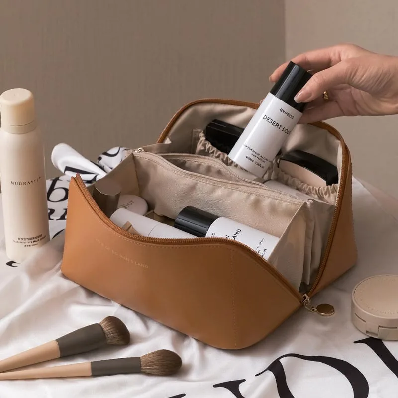  Bolsa de maquillaje de viaje para mujer, bolsa de cosméticos de  gran capacidad, impermeable, a cuadros, portátil, de piel sintética,  organizador de brochas de maquillaje, bolsa de almacenamiento con divisores  y