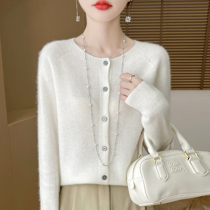 100%Merino Wool Cardigan Women's Round Neck Casual High-Quality AutumnWinter Solid Color Jacket Knit Basic Sweater Pure Wool Top 6
