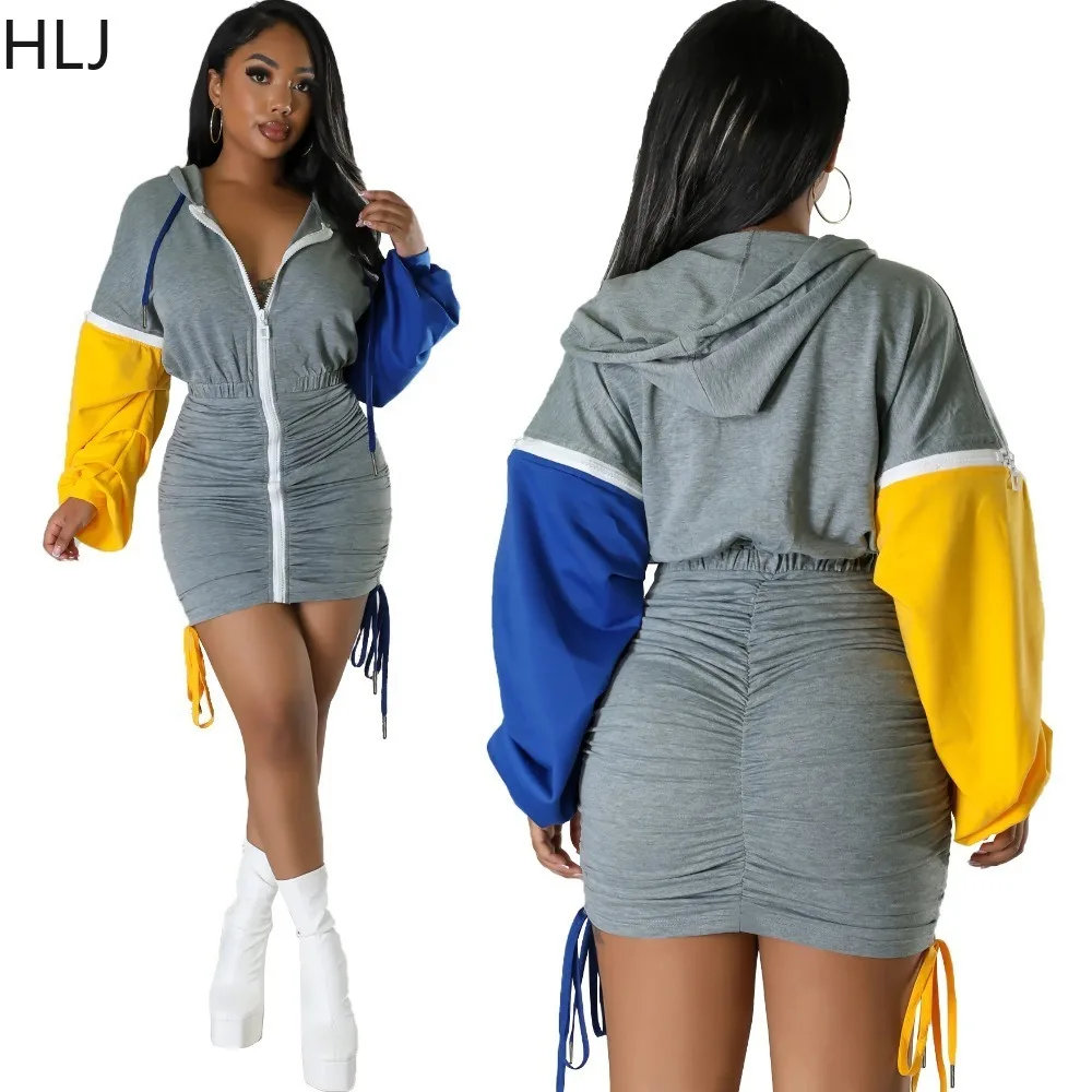 

HLJ Fashion Color Patchwork Ruched Hooded Mini Dresses Women Zip Long Sleeve Drawstring Bandage Vestidos Lady Bodycon Streetwear