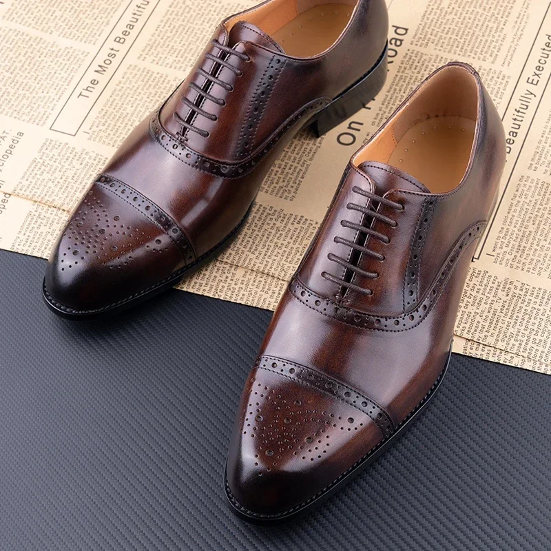 Brogue Men's Genuine Leather Oxford Shoes Handmade Pointed Toe High Quality Formal Shoes for Office Weddings Gift for Husband