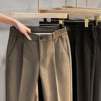 Autumn Winter New Men's Woolen Suit Pants Korean Fashion Slim Straight Elastic Waist Formal Business Tapered Brown Trousers 1