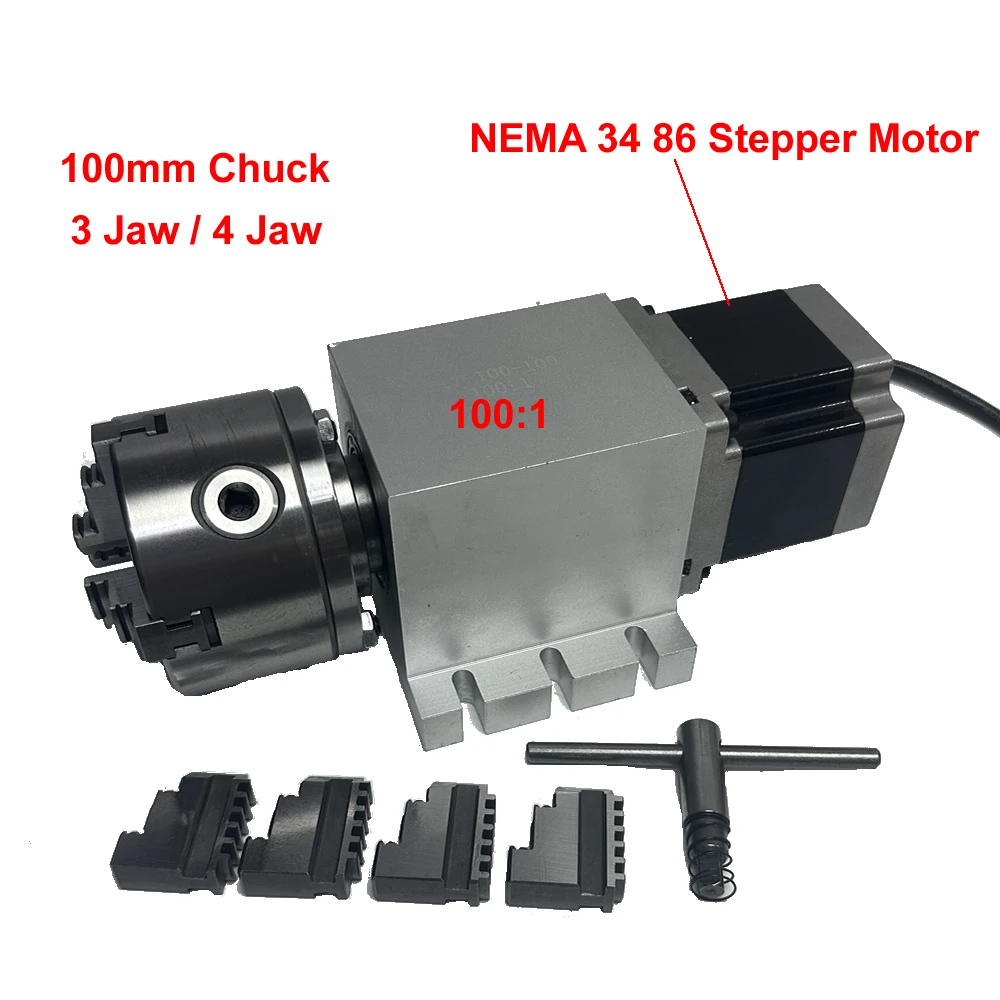 

Harmonic Drive Reducers CNC 4th Rotary Axis 100mm 3/4 Jaws Chuck Reducing Ratio 100:1 NEMA 34 86 Stepper Motor CNC Wood Router