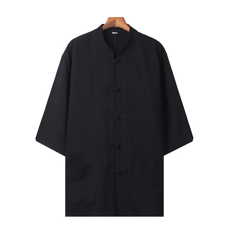 New Chinese Cotton and Linen Tang-style Hanfu Short-sleeved Large-size Retro Five-quarter-sleeved Shirt