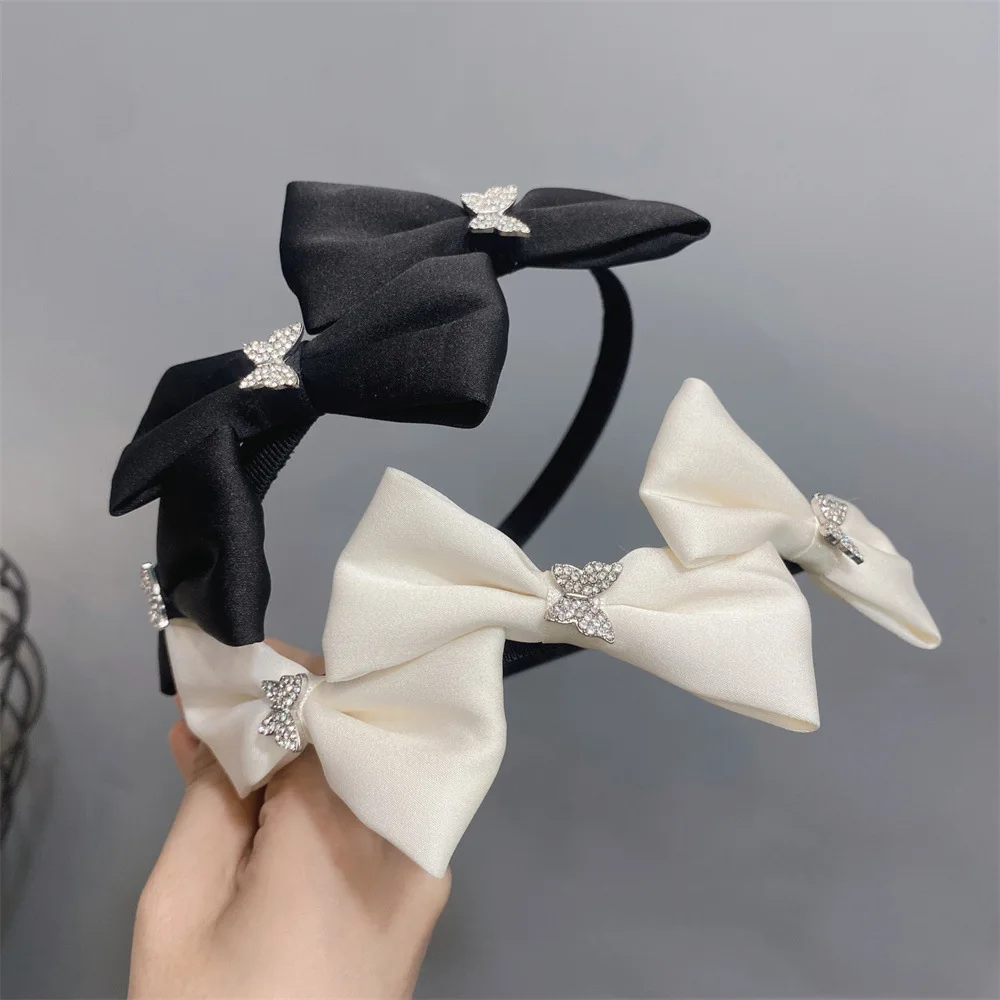

Cute Crystal Butterfly Decorated Headband for Women High End Making Hair Ornament Solid Fabric Hairband Bows Knotted Hair Hoop