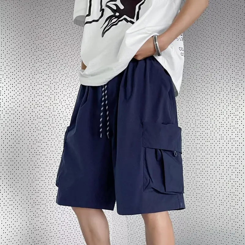 Summer New Men's Solid Color Cargo Trousers Fashion Trendy Loose Spliced Pockets Elastic Drawstring All-match Comfortable Shorts