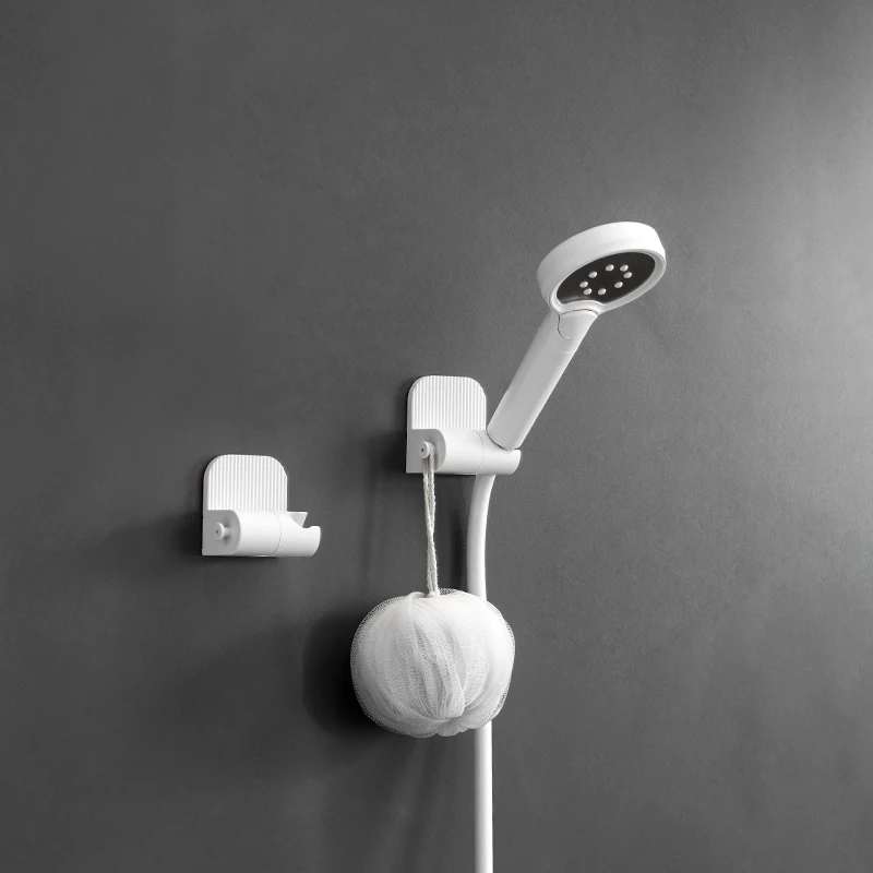 Self-Adhesive Shower Head Holder with Storage Hook Wall Mounted Punch-Free ABS Plastic Shower Holder Bathroom Base White