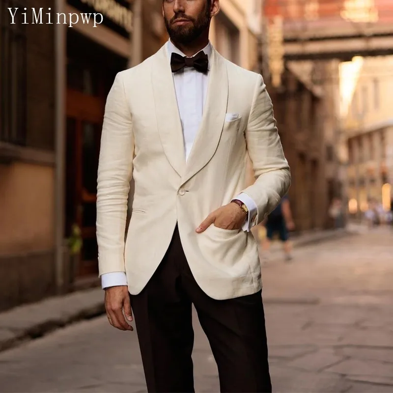 

Linen Ivory Wedding Suits for Men Shawl Lapel One Button Blazer Sets Groom Tuxedos Costume Homme Mariage 2 Piece Jacket+Pant