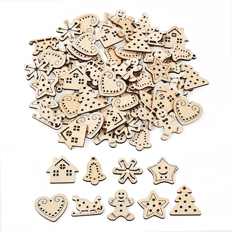 50Pcs Christmas Wooden Ornaments Unfinished Wood Slices Chip Christmas Tree Hanging Pendant Noel Home Decoration DIY Gift Craft