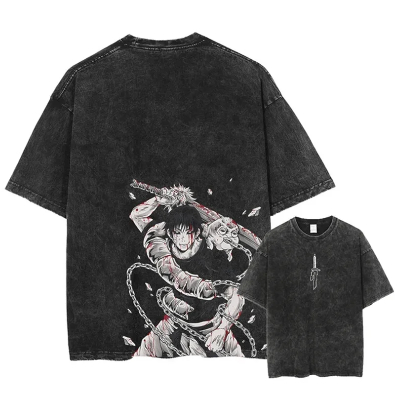 Anime Printed Washed Short Sleeve Retro Sports Fitness Short Sleeve Loose Large Size for Men and Women