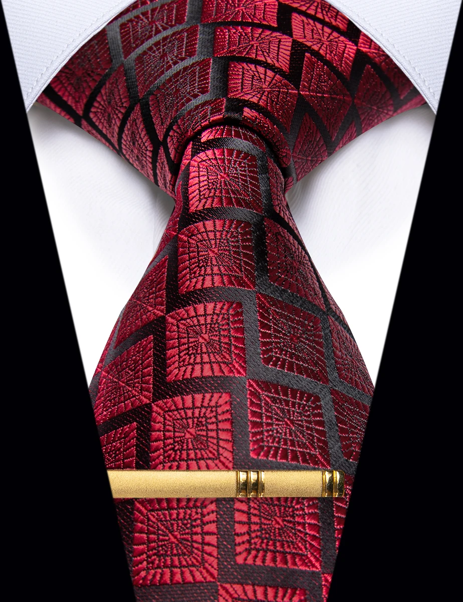 

Luxury Red Black Plaid Tie for Man Clip Set Novelty Silk Men's Necktie Accessories for Wedding Party gravtas masculinas Gift