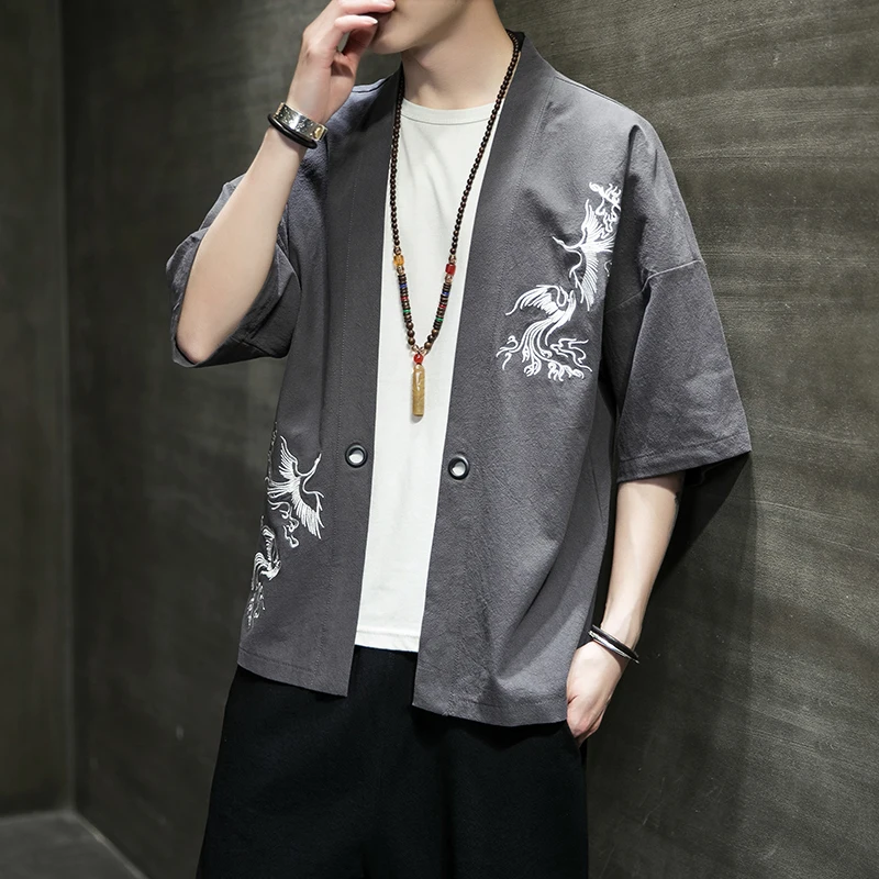 

Men's Casual Kimono Shirt Cotton Linen Loose Top Short Sleeve Summer Stretwear Casual Shirt Handsome Men's Cool And Breathable