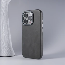 Vintage - Style Crazy Horse Leather Texture MagSafe Phone Case with Alloy Lens and Wireless Charging Cover - iPhone 17 Pro (GRAY)