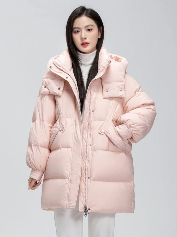 

Winter Coats Women Casual Snow Clothes Medium Length Loose White Duck Down Jacket Thickened Warm Hooded Puffer Jacket