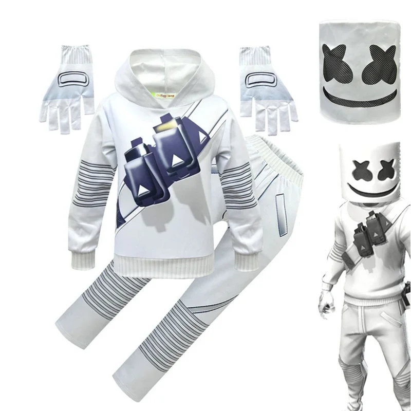 

Kids Cosplay Costume Boys Marshmello DJ mask Scary Costumes Mask Jumpsuit Music Bodysuit Halloween Party Costume for Boy Girls