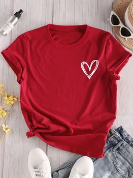 Camiseta com estampa de coração, camiseta de manga curta com gola redonda, tops casuais para todos os dias, roupas femininas