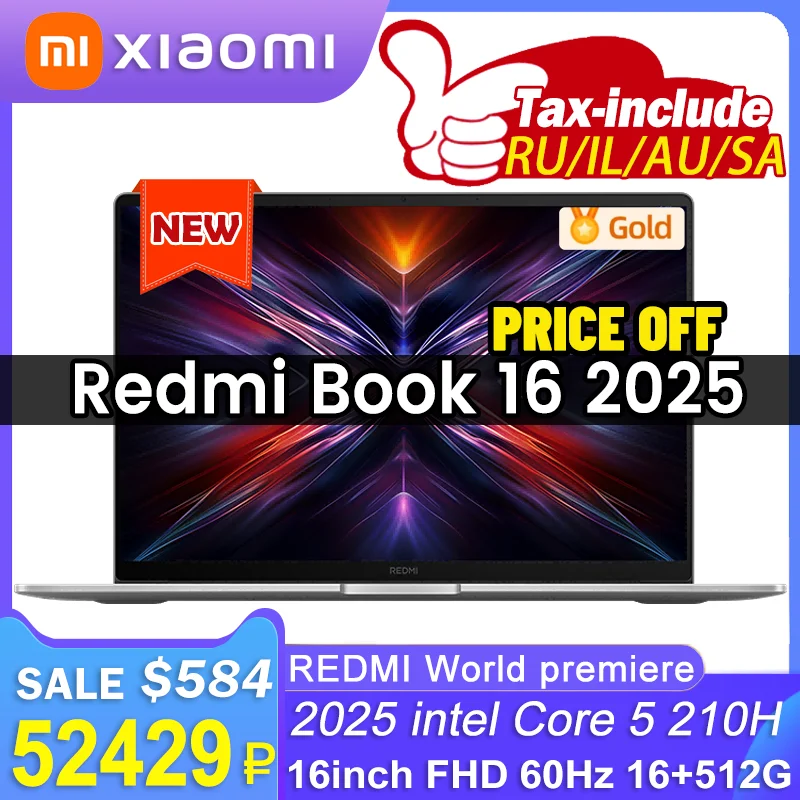 REDMI BOOK 16 2025 intel Core 5 210H 16GB RAM LPDDR5X 5200MT/s 512G/1TB SSD 16inch FHD 60Hz Screen
