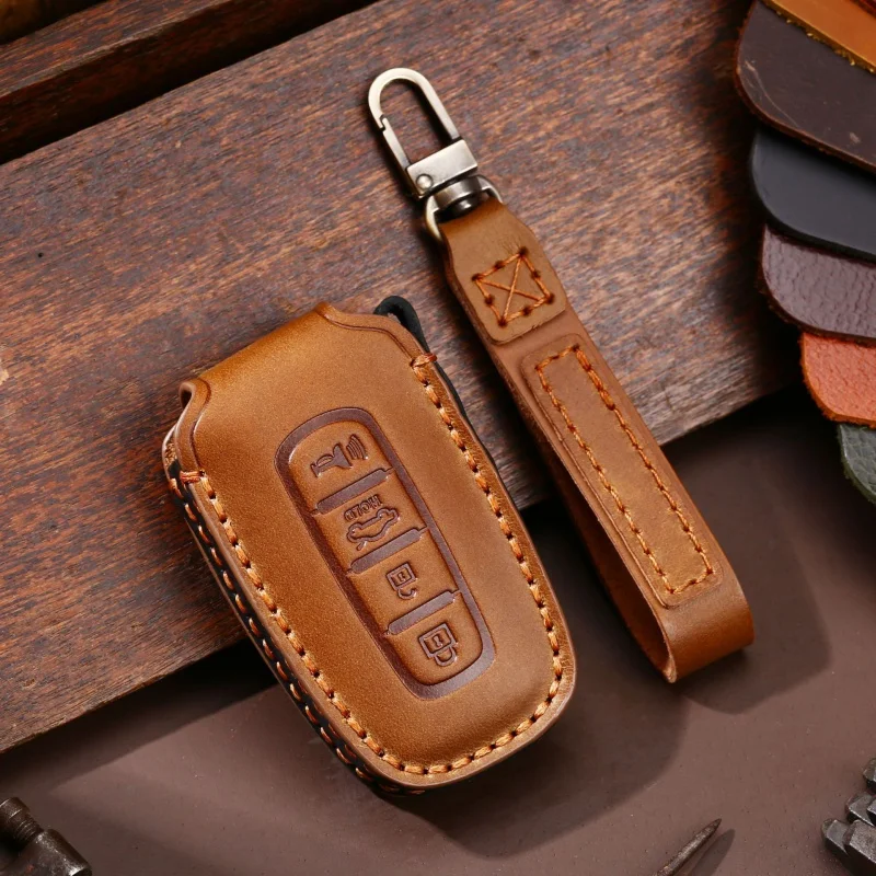 

for Leather Key Case Cover Car Accessories Fob Protector for Kia 4 Button K2 K3 K5 Sportage R Sorento Keyring Keychain Holder