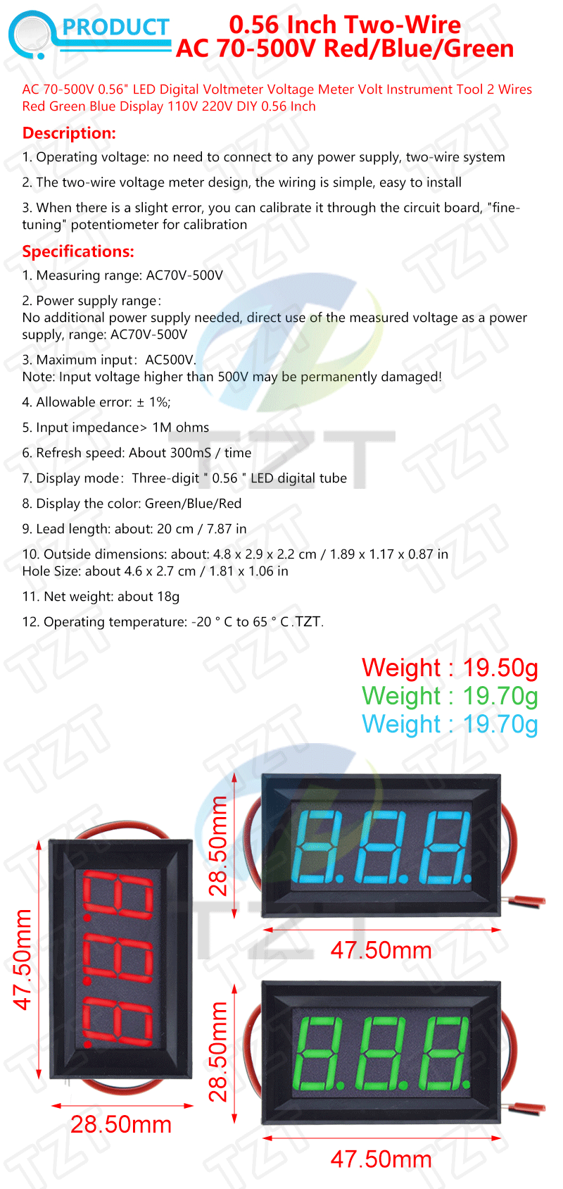 Spannungsprüfer-Modul AC 70-500V 0,56 Zoll Digitales Spannungsmessgerät Spannungsanzeige Rot/Blau/Grün 2-Draht – Detail 1