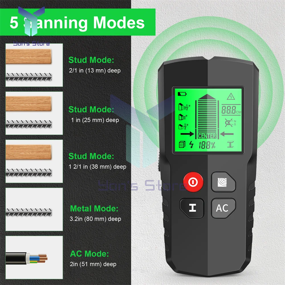 5 In 1 Hw-Qb5 Metal Detector Backlit Legno Verde Stud Finder Fili Cavo Profondità Scanner Da Parete Undeground Display Lcd Hd